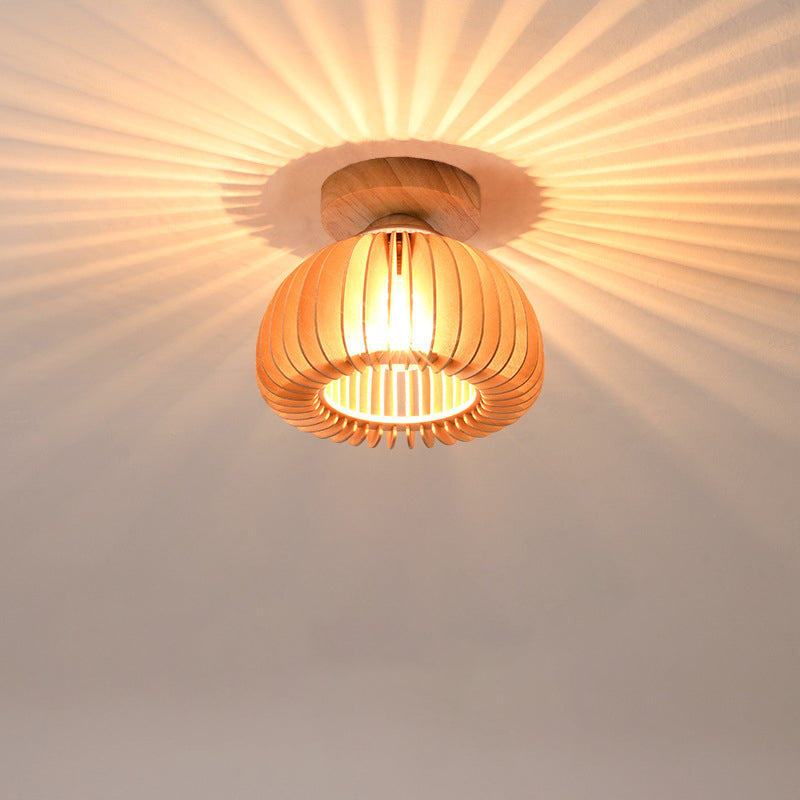 Traditional Vintage Pumpkin Flake Wood Iron 1-Light Semi-Flush Mount Ceiling Light For Living Room