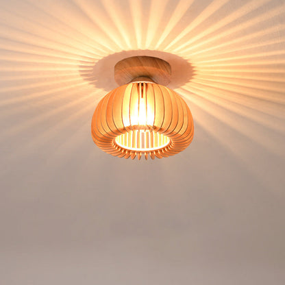 Traditional Vintage Pumpkin Flake Wood Iron 1-Light Semi-Flush Mount Ceiling Light For Living Room