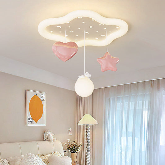 Contemporary Creative Kids Warm Clouds Heart Stars Iron PE LED Flush Mount Ceiling Light For Bedroom