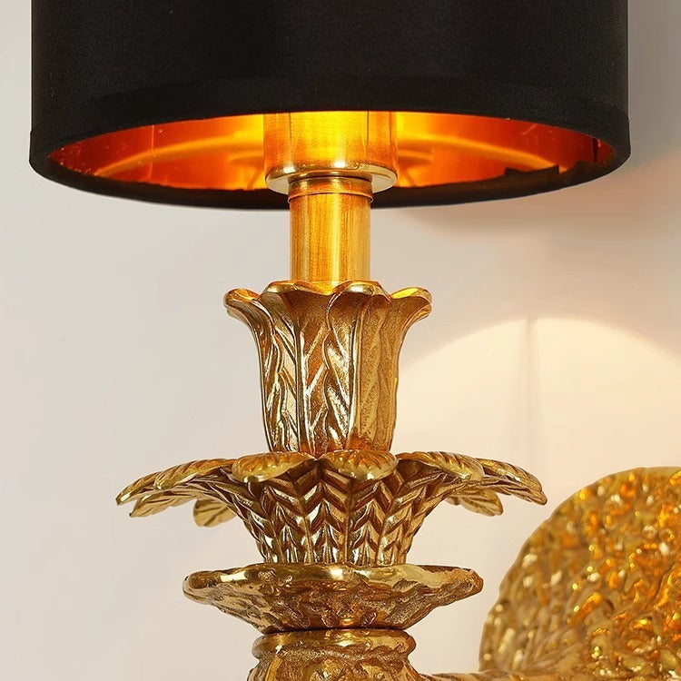 Traditional Vintage Cylinder Long Leaf Vein Full Copper Fabric 1-Light Wall Sconce Lamp For Living Room