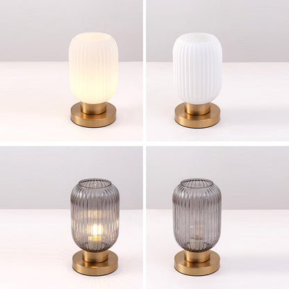 Contemporary Scandinavian Round Cylinder Striped Iron Glass 1-Light Table Lamp For Bedroom