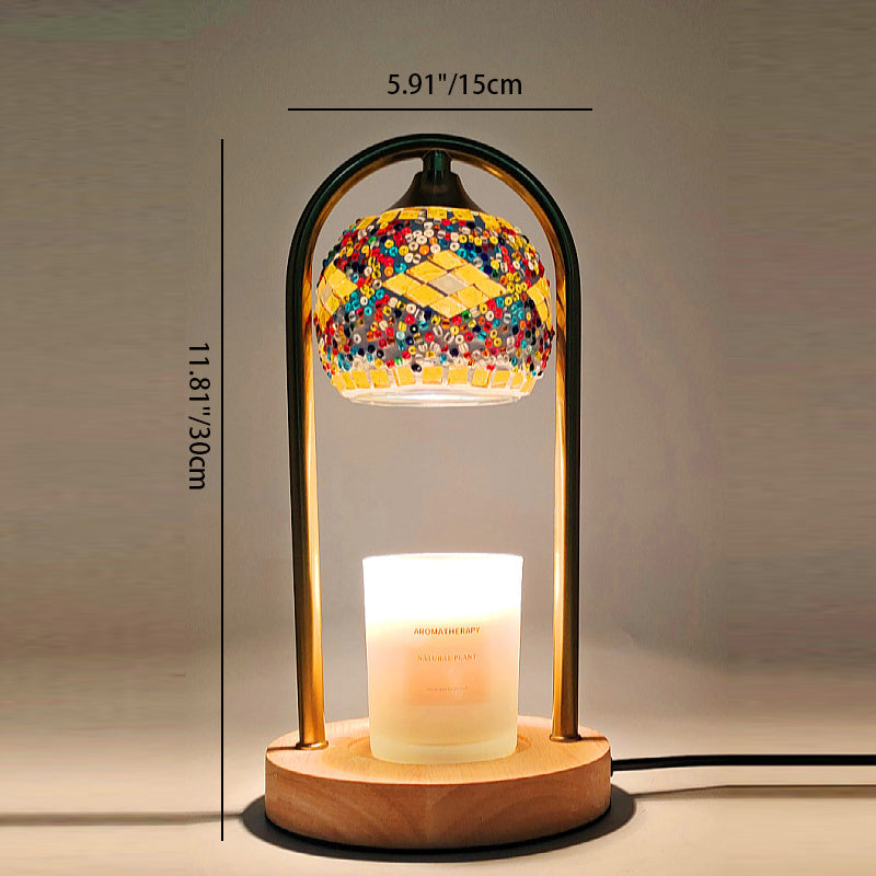 Traditional Vintage Spherical Dotted Rhombus Floral Square Round Base Iron Wood Glass 1-Light Melting Wax Table Lamp For Bedroom