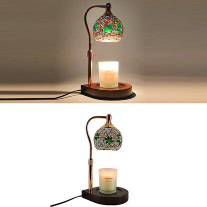 Traditional Vintage Spherical Dotted Rhombus Floral Square Round Base Iron Wood Glass 1-Light Melting Wax Table Lamp For Bedroom