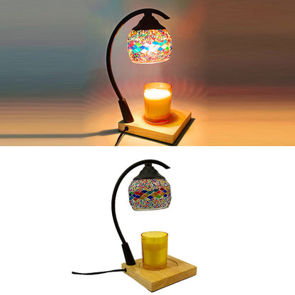 Traditional Vintage Spherical Dotted Rhombus Floral Square Round Base Iron Wood Glass 1-Light Melting Wax Table Lamp For Bedroom