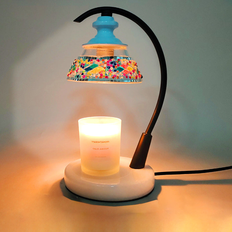 Traditional Vintage Spherical Dotted Rhombus Floral Square Round Base Iron Wood Glass 1-Light Melting Wax Table Lamp For Bedroom