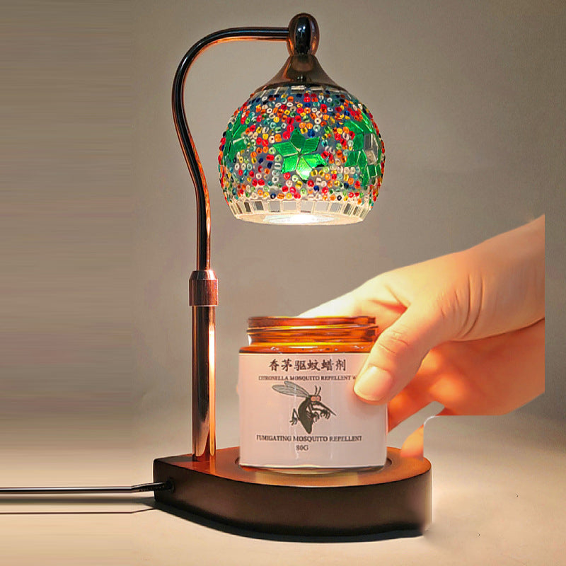 Traditional Vintage Spherical Dotted Rhombus Floral Square Round Base Iron Wood Glass 1-Light Melting Wax Table Lamp For Bedroom