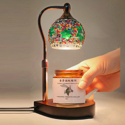 Traditional Vintage Spherical Dotted Rhombus Floral Square Round Base Iron Wood Glass 1-Light Melting Wax Table Lamp For Bedroom
