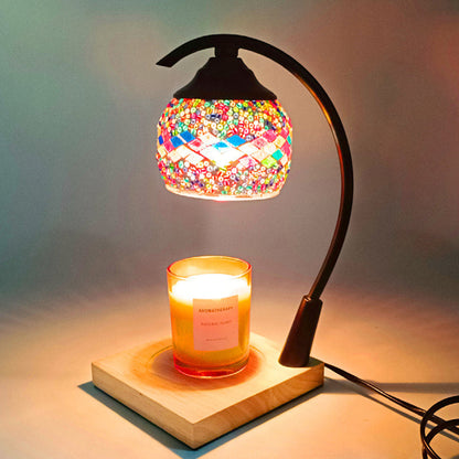 Traditional Vintage Spherical Dotted Rhombus Floral Square Round Base Iron Wood Glass 1-Light Melting Wax Table Lamp For Bedroom