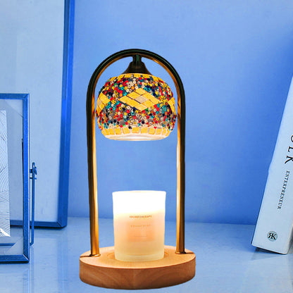 Traditional Vintage Spherical Dotted Rhombus Floral Square Round Base Iron Wood Glass 1-Light Melting Wax Table Lamp For Bedroom
