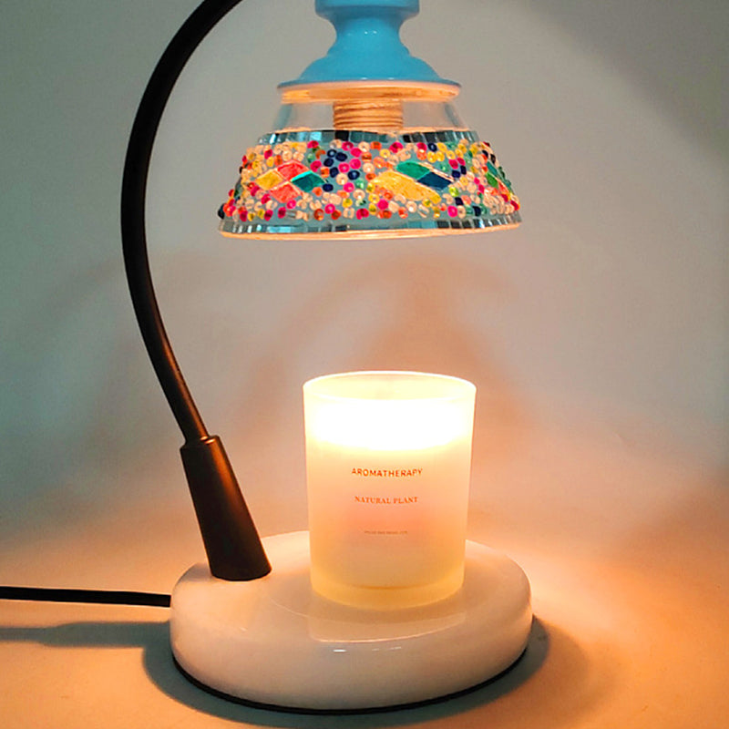 Traditional Vintage Spherical Dotted Rhombus Floral Square Round Base Iron Wood Glass 1-Light Melting Wax Table Lamp For Bedroom