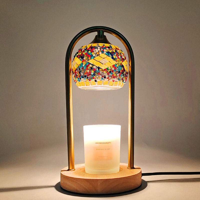 Traditional Vintage Spherical Dotted Rhombus Floral Square Round Base Iron Wood Glass 1-Light Melting Wax Table Lamp For Bedroom