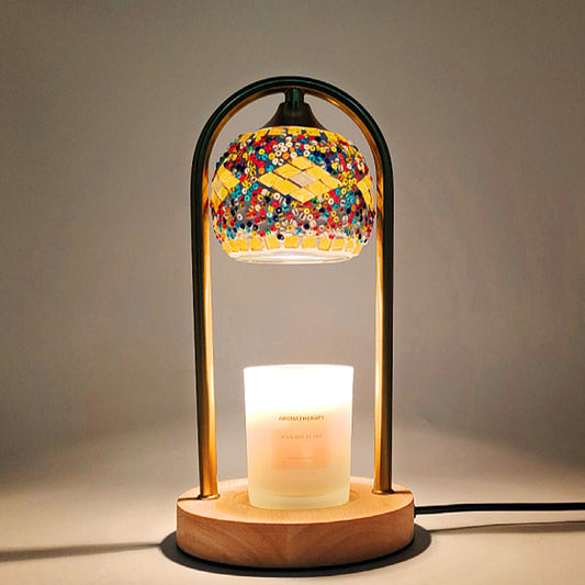 Traditional Vintage Spherical Dotted Rhombus Floral Square Round Base Iron Wood Glass 1-Light Melting Wax Table Lamp For Bedroom