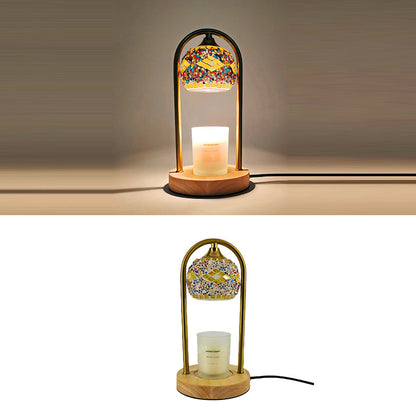 Traditional Vintage Spherical Dotted Rhombus Floral Square Round Base Iron Wood Glass 1-Light Melting Wax Table Lamp For Bedroom
