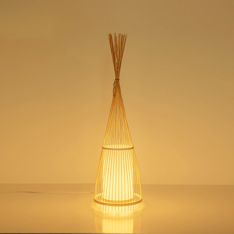 Traditional Vintage Cone Cylinder Bamboo Rattan 1-Light Standing Floor Lamp For Bedroom