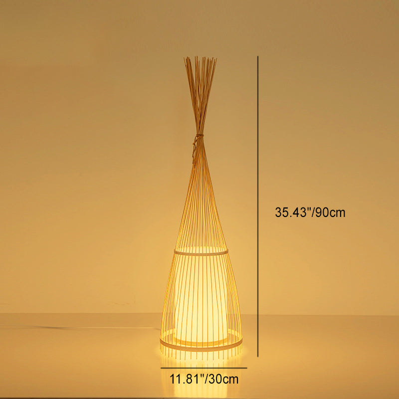 Traditional Vintage Cone Cylinder Bamboo Rattan 1-Light Standing Floor Lamp For Bedroom