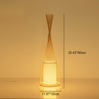 Traditional Vintage Cone Cylinder Bamboo Rattan 1-Light Standing Floor Lamp For Bedroom