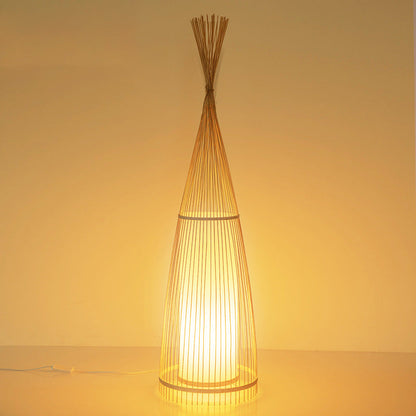 Traditional Vintage Cone Cylinder Bamboo Rattan 1-Light Standing Floor Lamp For Bedroom