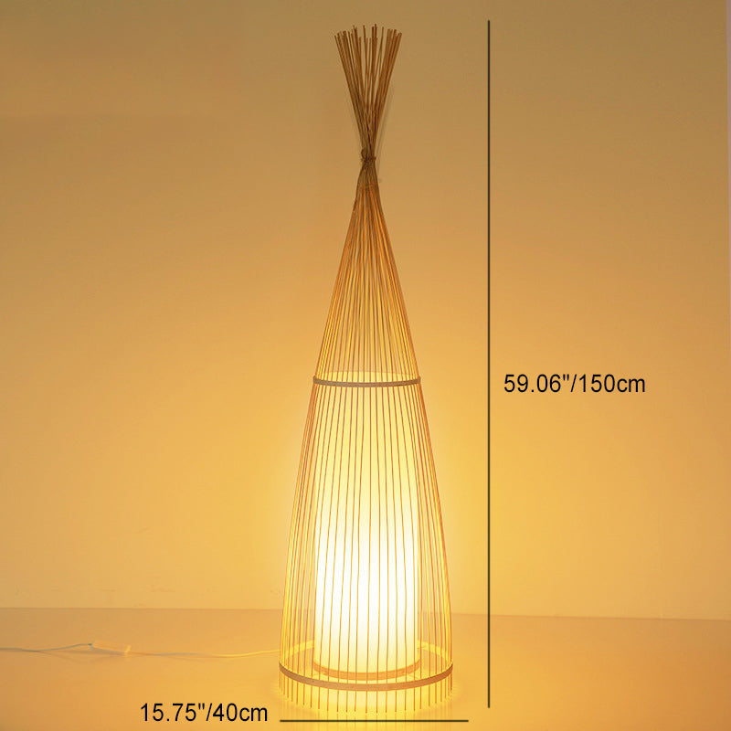 Traditional Vintage Cone Cylinder Bamboo Rattan 1-Light Standing Floor Lamp For Bedroom