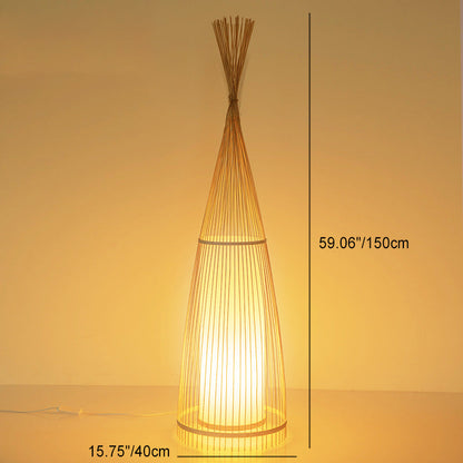 Traditional Vintage Cone Cylinder Bamboo Rattan 1-Light Standing Floor Lamp For Bedroom