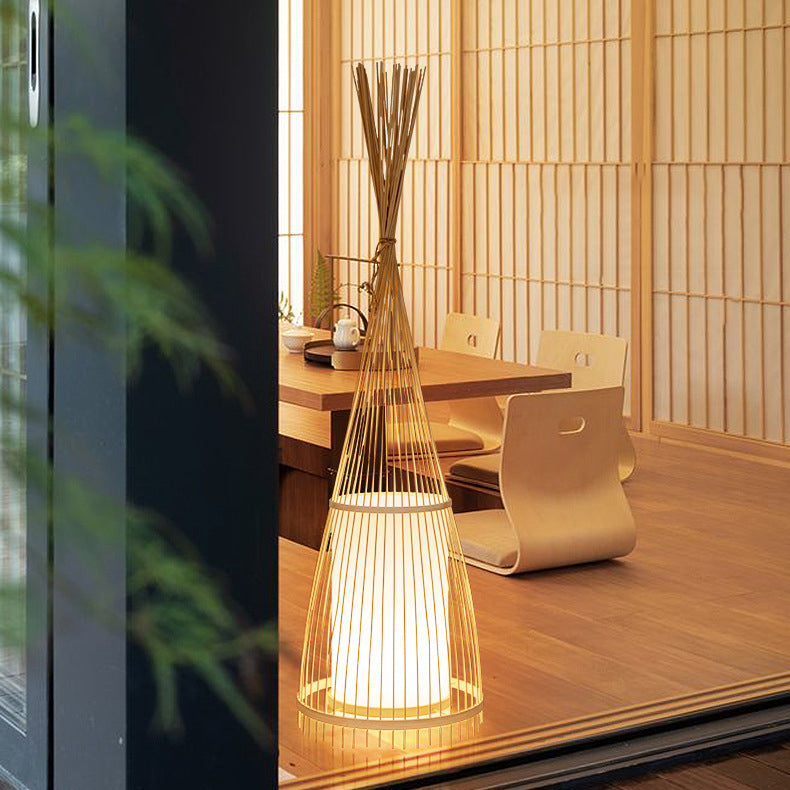 Traditional Vintage Cone Cylinder Bamboo Rattan 1-Light Standing Floor Lamp For Bedroom
