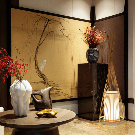 Traditional Vintage Cone Cylinder Bamboo Rattan 1-Light Standing Floor Lamp For Bedroom