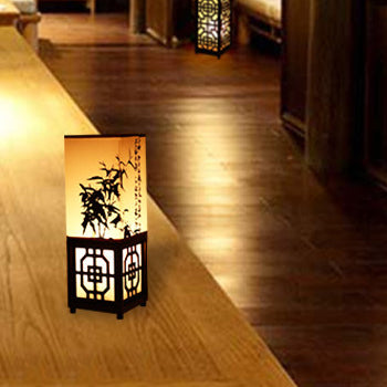 Traditional Chinese Rectangle Bamboo Leaf Pattern Wood Faux Parchment 1-Light Table Lamp For Bedroom