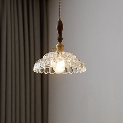 Traditional Japanese Round Double Carved Oval Copper Wooden Glass 1-Light Pendant Light For Living Room
