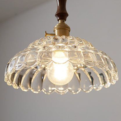 Traditional Japanese Round Double Carved Oval Copper Wooden Glass 1-Light Pendant Light For Living Room