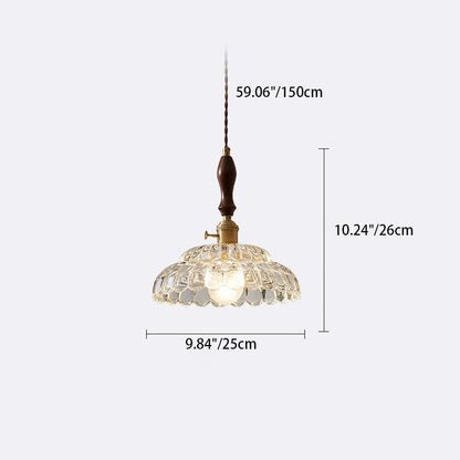Traditional Japanese Round Double Carved Oval Copper Wooden Glass 1-Light Pendant Light For Living Room
