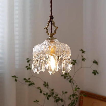 Traditional French Floral Carved Teardrop Hardware Crystal Glass 1-Light Pendant Light For Bedroom
