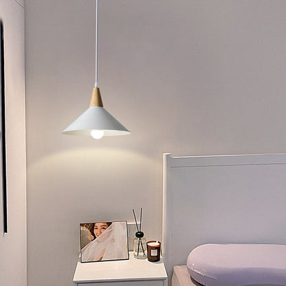 Contemporary Scandinavian Flared Iron Wooden 1-Light Pendant Light For Living Room