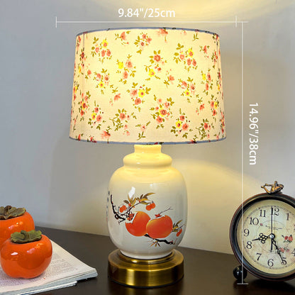Traditional Chinese Oval Cylinder Persimmon Tree Branch Ceramic Metal Fabric 1-Light Table Lamp For Bedroom
