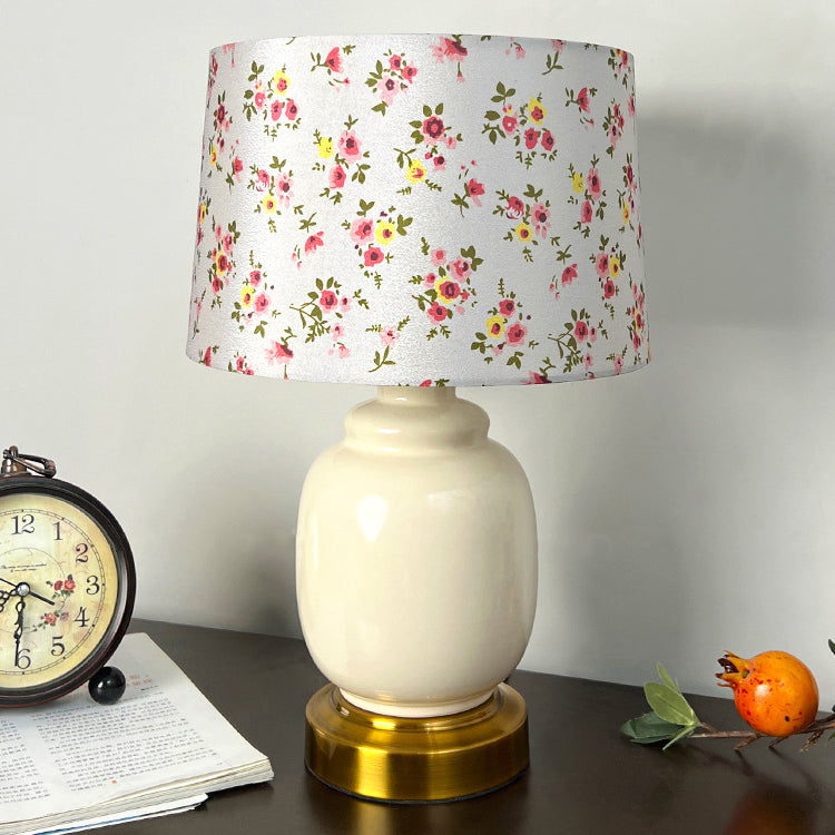 Traditional Chinese Oval Cylinder Persimmon Tree Branch Ceramic Metal Fabric 1-Light Table Lamp For Bedroom
