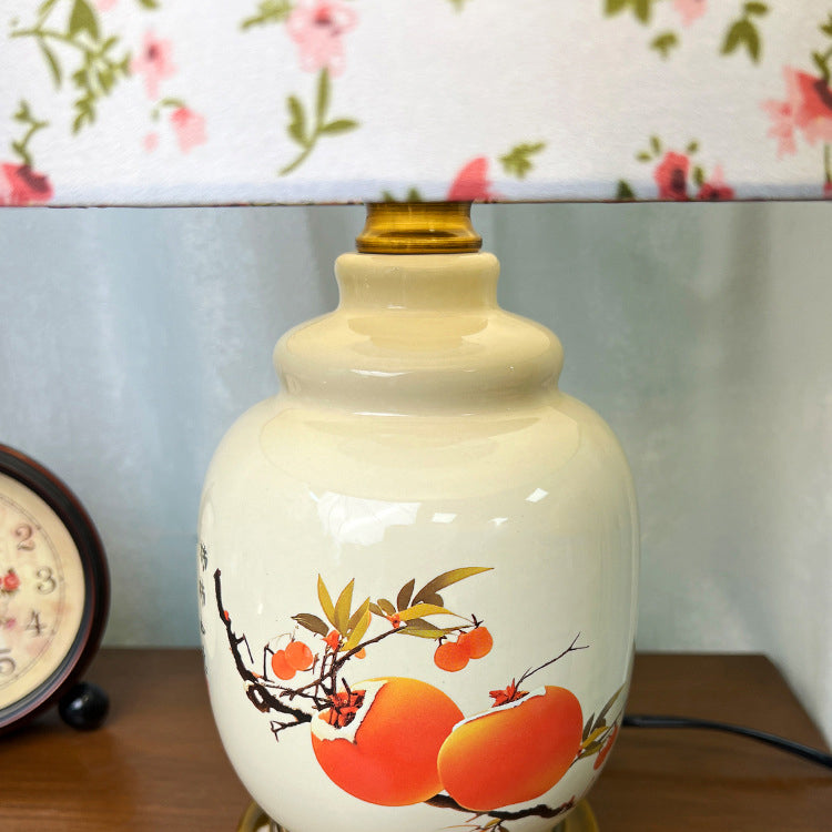 Traditional Chinese Oval Cylinder Persimmon Tree Branch Ceramic Metal Fabric 1-Light Table Lamp For Bedroom