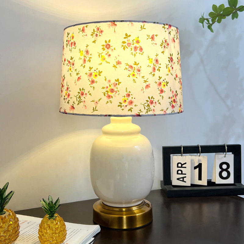 Traditional Chinese Oval Cylinder Persimmon Tree Branch Ceramic Metal Fabric 1-Light Table Lamp For Bedroom