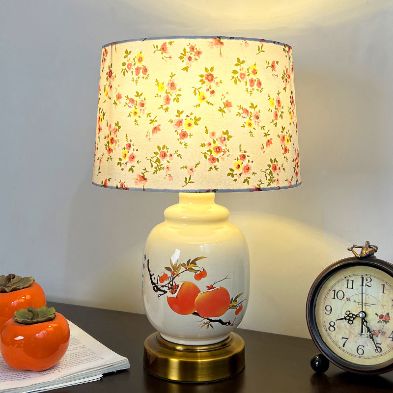 Traditional Chinese Oval Cylinder Persimmon Tree Branch Ceramic Metal Fabric 1-Light Table Lamp For Bedroom