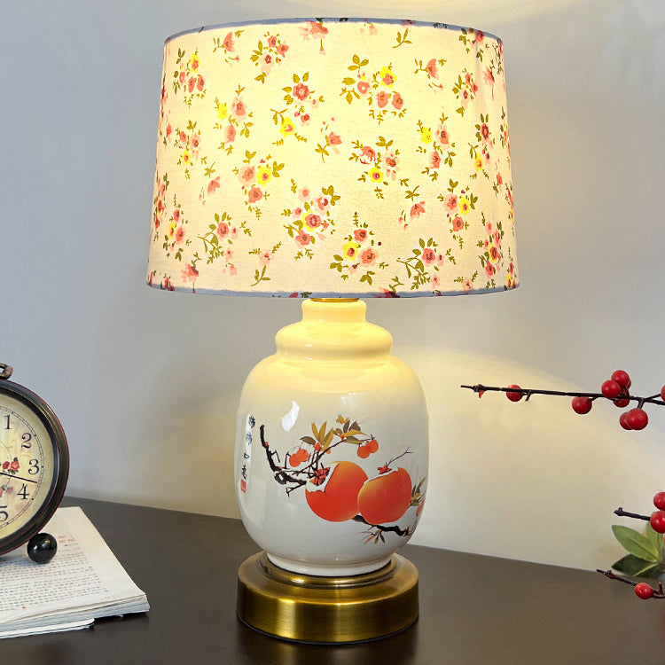 Traditional Chinese Oval Cylinder Persimmon Tree Branch Ceramic Metal Fabric 1-Light Table Lamp For Bedroom