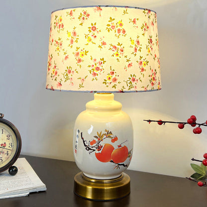 Traditional Chinese Oval Cylinder Persimmon Tree Branch Ceramic Metal Fabric 1-Light Table Lamp For Bedroom
