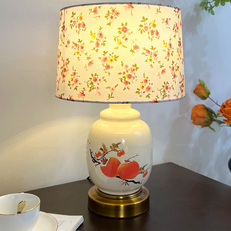 Traditional Chinese Oval Cylinder Persimmon Tree Branch Ceramic Metal Fabric 1-Light Table Lamp For Bedroom