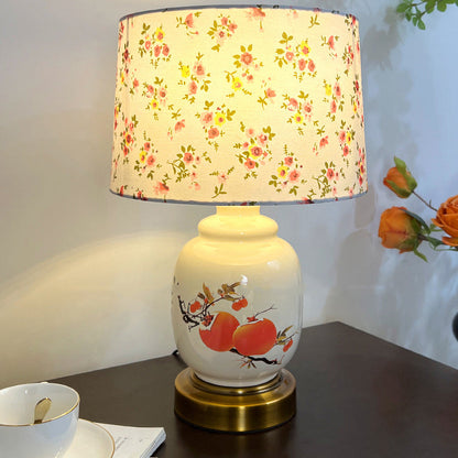 Traditional Chinese Oval Cylinder Persimmon Tree Branch Ceramic Metal Fabric 1-Light Table Lamp For Bedroom