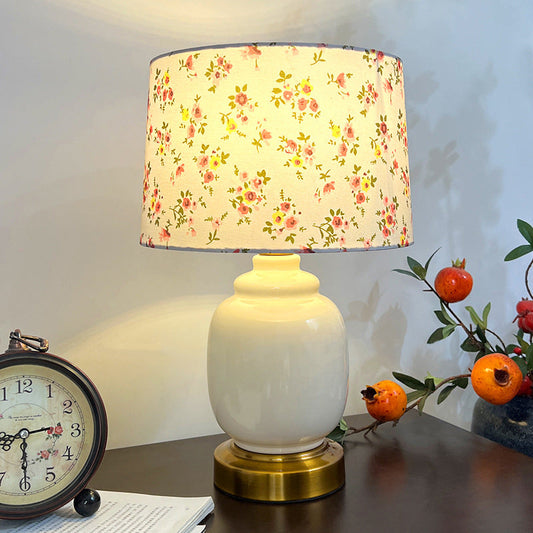 Traditional Chinese Oval Cylinder Persimmon Tree Branch Ceramic Metal Fabric 1-Light Table Lamp For Bedroom