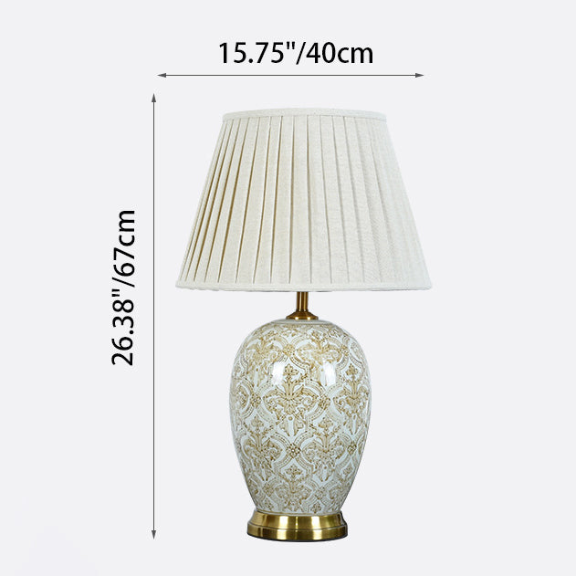Traditional Vintage Oval Round Table Pleated Pattern Ceramic Metal Fabric 1-Light Table Lamp For Living Room
