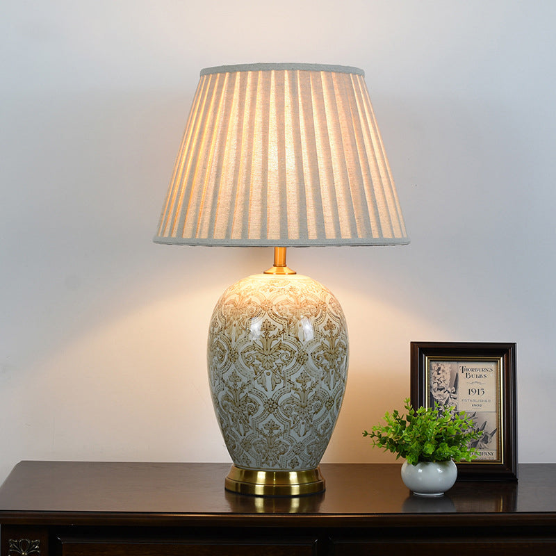 Traditional Vintage Oval Round Table Pleated Pattern Ceramic Metal Fabric 1-Light Table Lamp For Living Room