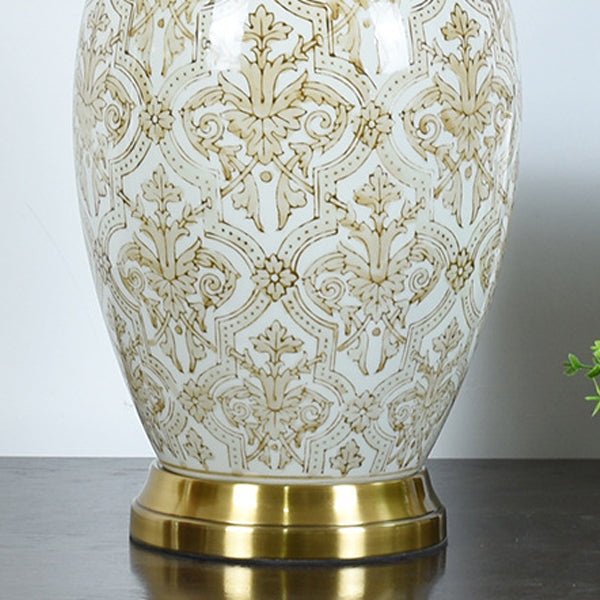 Traditional Vintage Oval Round Table Pleated Pattern Ceramic Metal Fabric 1-Light Table Lamp For Living Room