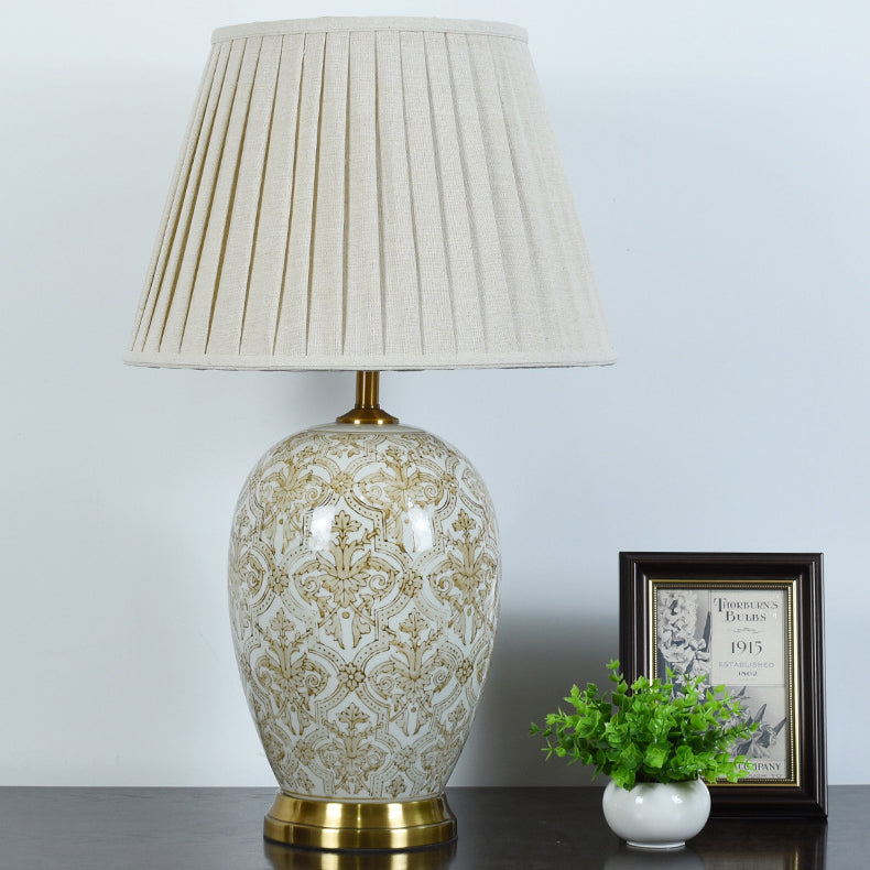 Traditional Vintage Oval Round Table Pleated Pattern Ceramic Metal Fabric 1-Light Table Lamp For Living Room