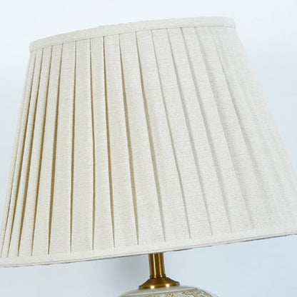 Traditional Vintage Oval Round Table Pleated Pattern Ceramic Metal Fabric 1-Light Table Lamp For Living Room