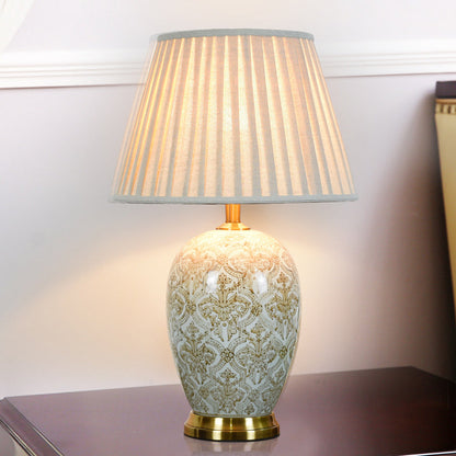 Traditional Vintage Oval Round Table Pleated Pattern Ceramic Metal Fabric 1-Light Table Lamp For Living Room