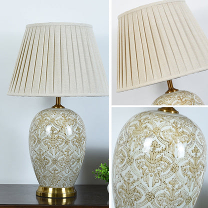 Traditional Vintage Oval Round Table Pleated Pattern Ceramic Metal Fabric 1-Light Table Lamp For Living Room