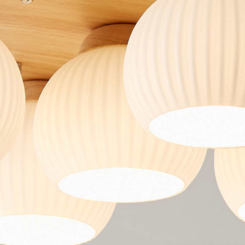 Contemporary Scandinavian Round Ball Solid Wood Metal Glass 3/5 Semi-Flush Mount Ceiling Light For Bedroom