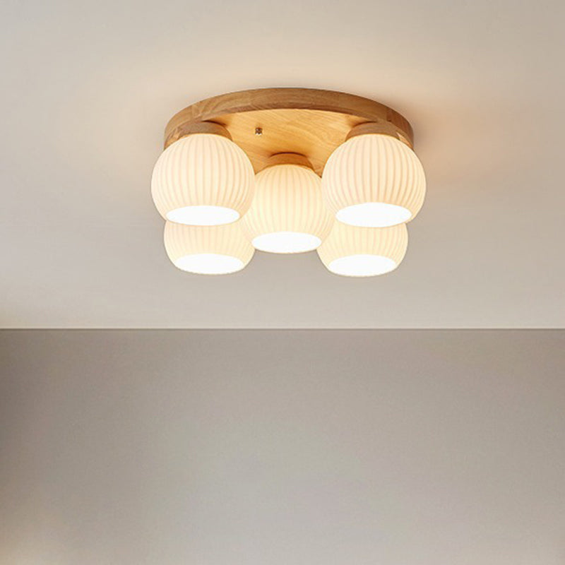 Contemporary Scandinavian Round Ball Solid Wood Metal Glass 3/5 Semi-Flush Mount Ceiling Light For Bedroom
